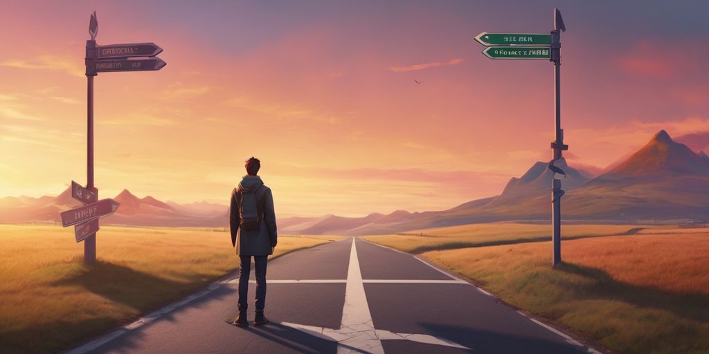 person standing at a crossroads with signposts pointing in different directions, sunrise in the background