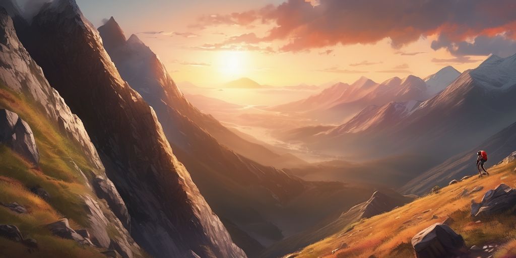 person climbing a mountain with a sunrise in the background